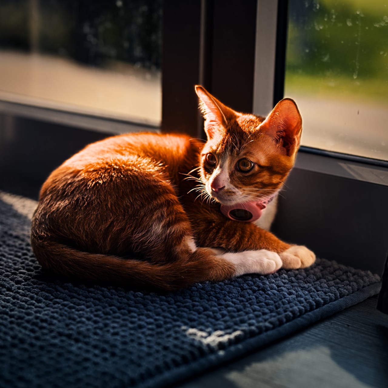 A cat named Luna with focused eyes by the window